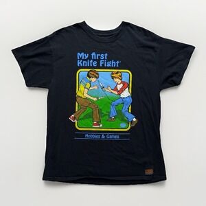 Steven Rhodes My First Knife Fight T Shirt Funny Graphic Dark Humor Black Mens L